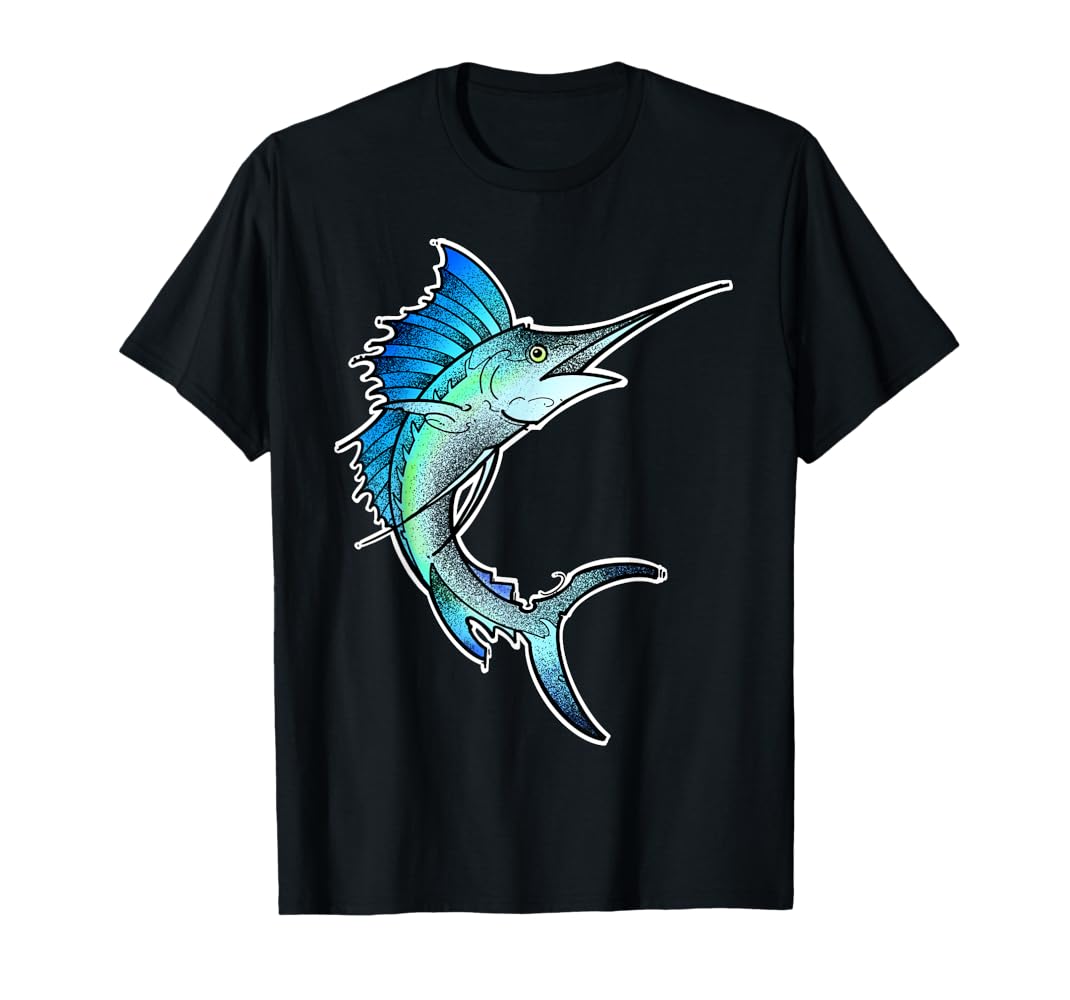 青色の魚イラストTシャツ 型染めMサイズお魚Tシャツ(男女兼用) ～マグロ&カサゴ～ 薄あお